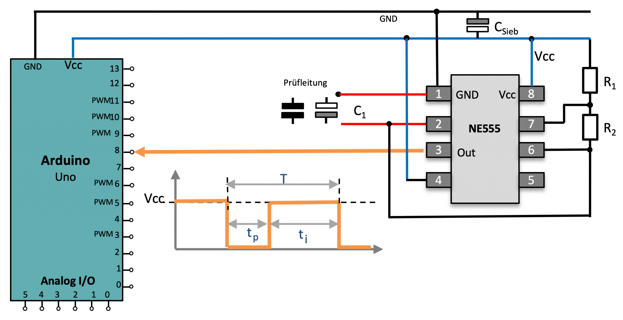 Schaltung des Kapazitätsmessers (NE555 + Arduino)